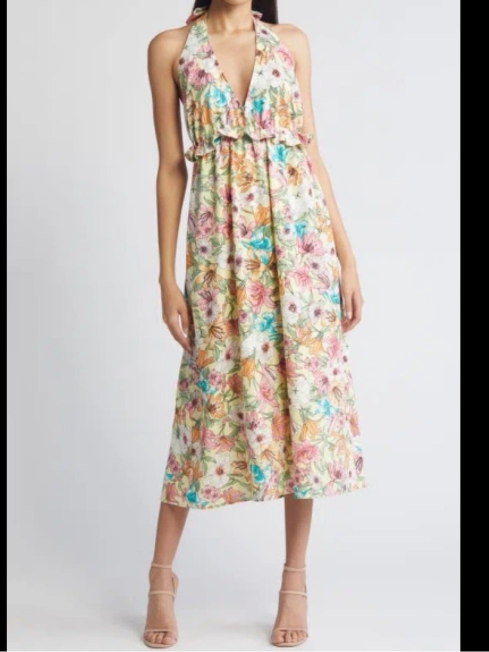 NWT Charles Henry Floral Halter Linen Blend Midi Dress In Yellow Lily XL
